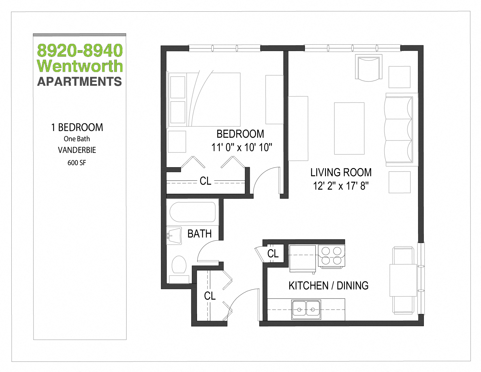 Floor plan for 1 bed, 1 bath, 600 sqft